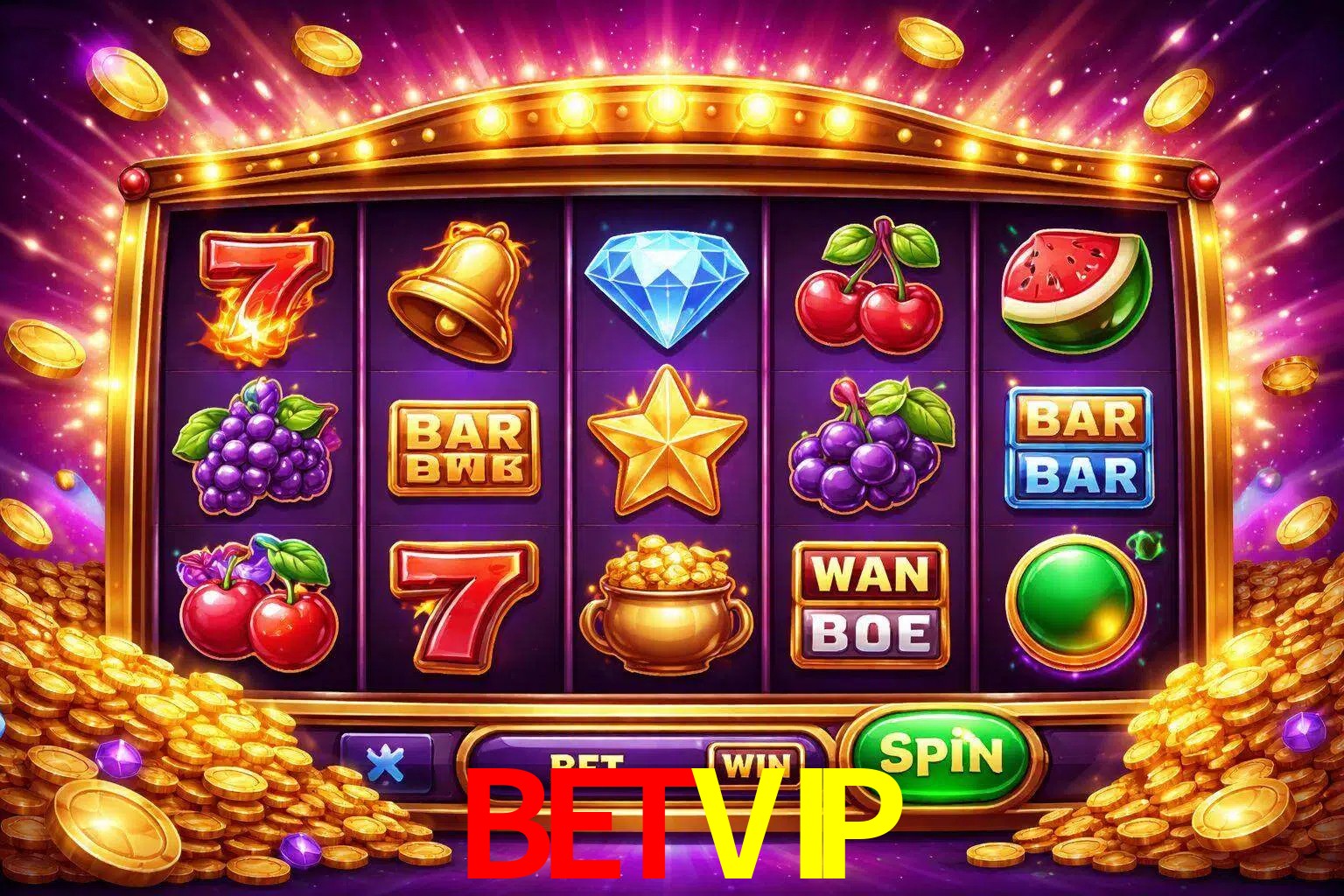 Una interfaz colorida de tragamonedas en línea con símbolos brillantes, monedas y un efecto de victoria celebratoria en BETVIP.