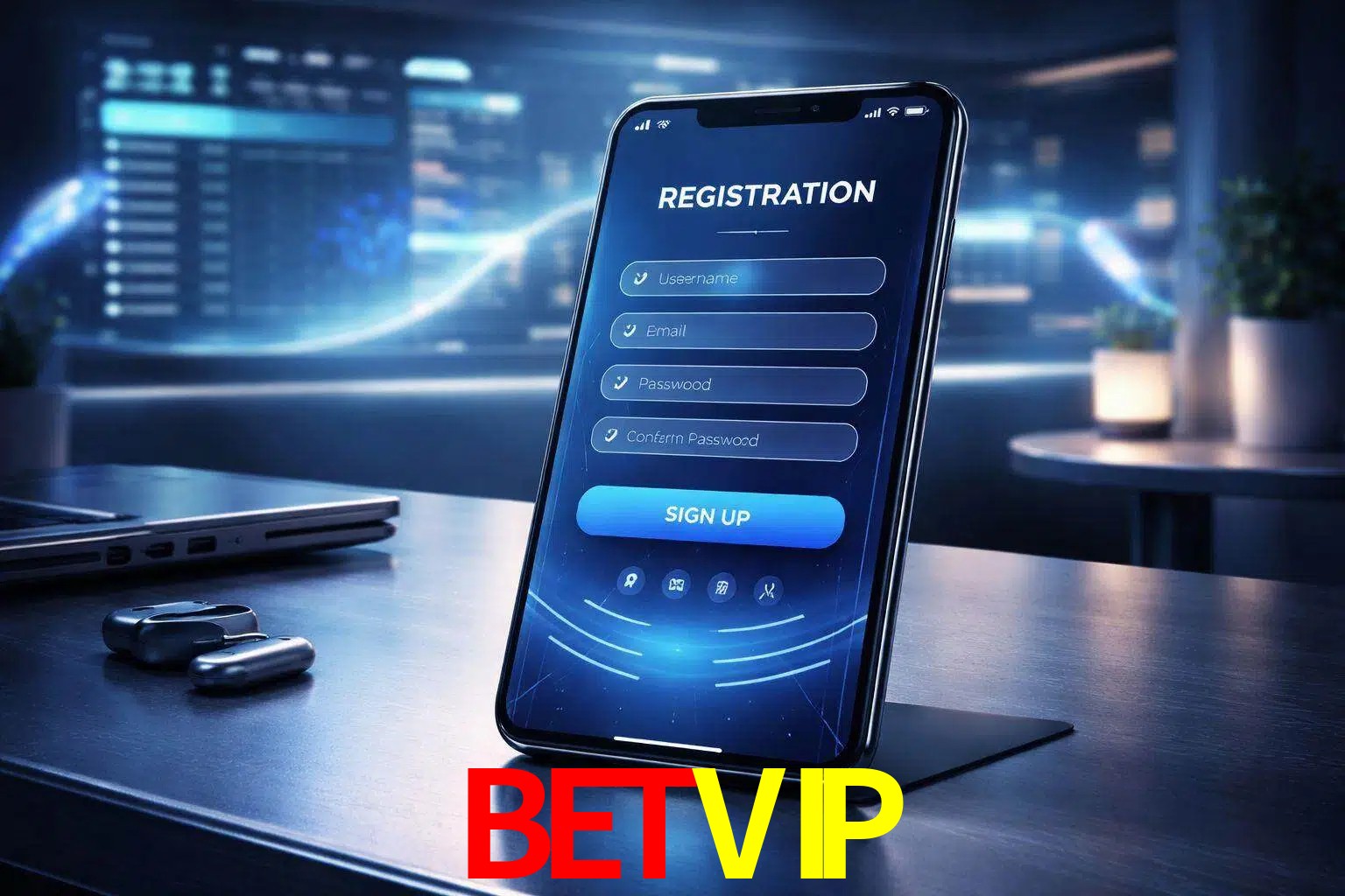 Una interfaz moderna de registro móvil para BETVIP mostrada en un smartphone con un panel de apuestas elegante.
